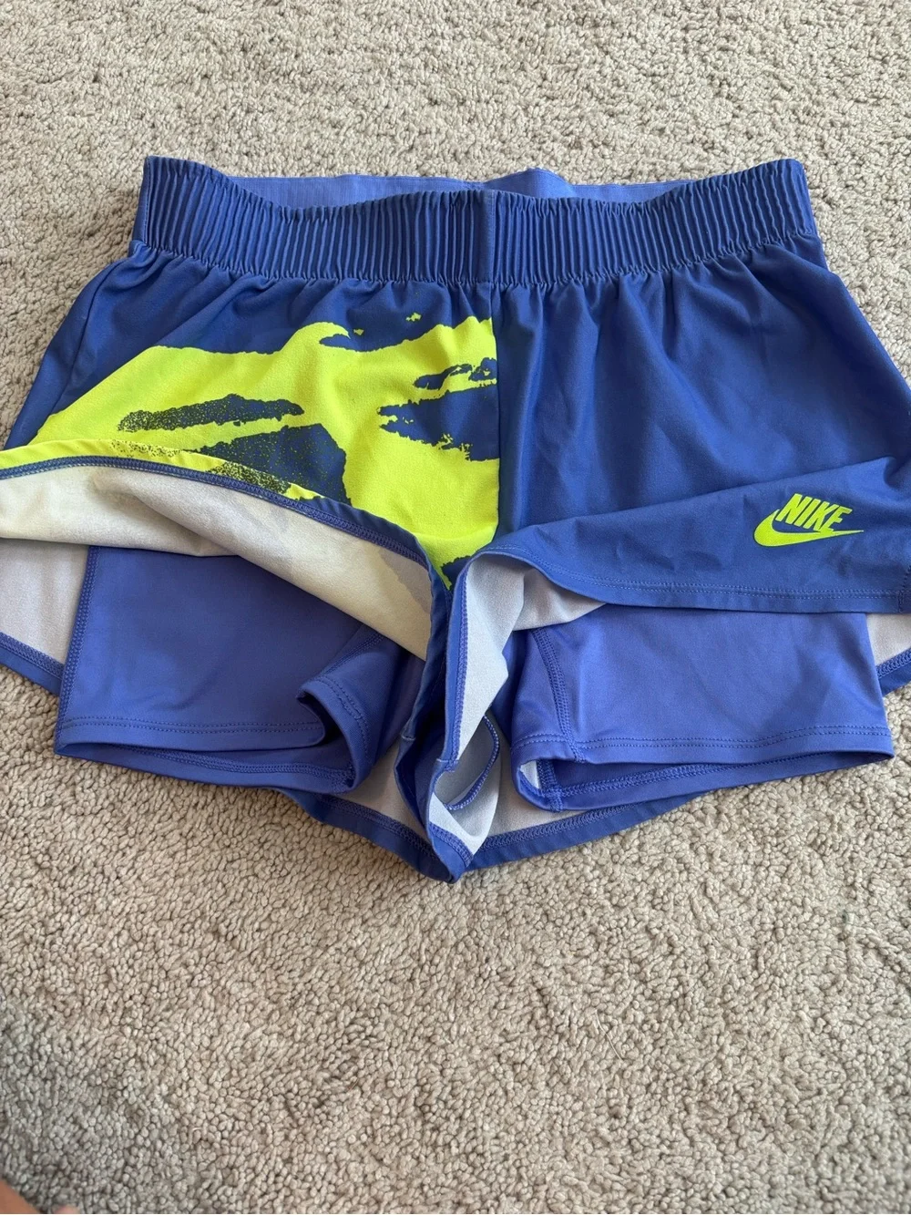 Nike Royal Blue Athletic Shorts with Neon Green Graphic, Women’s XS